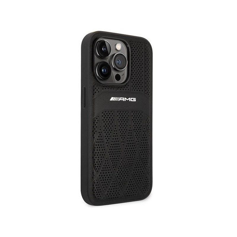 AMG Leather Curved Lines MagSafe dėklas iPhone 14 Pro - juodas