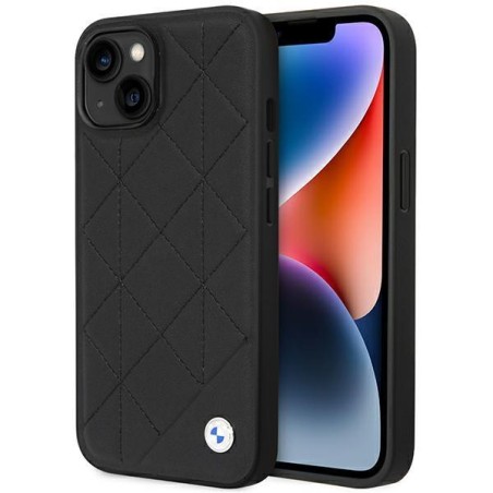 BMW odinis dygsniuotas dėklas iPhone 14 - juodas BMW odinis dygsniuotas dėklas iPhone 14 - juodas