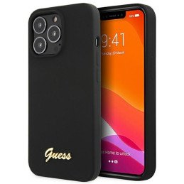 Guess Silicone Script Gold Logo dėklas, skirtas iPhone 13 Pro Max - juodas