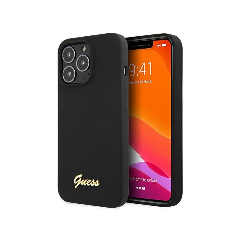 Guess Silicone Script Gold Logo dėklas, skirtas iPhone 13 Pro Max - juodas Guess Silicone Script Gold Logo dėklas, skirtas iPhone 13 Pro Max - juodas