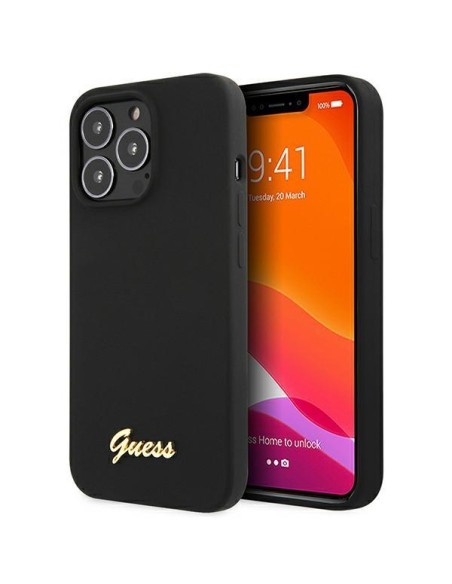Guess Silicone Script Gold Logo dėklas, skirtas iPhone 13 Pro Max - juodas Guess Silicone Script Gold Logo dėklas, skirtas iPhone 13 Pro Max - juodas