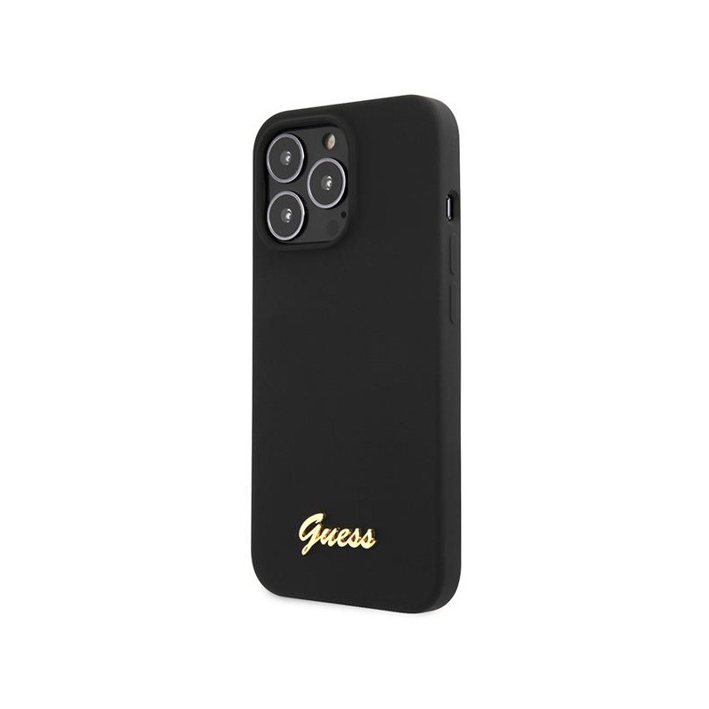 Guess Silicone Script Gold Logo dėklas, skirtas iPhone 13 Pro Max - juodas