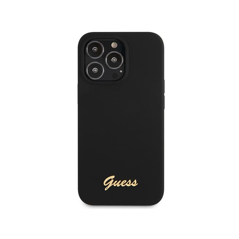 Guess Silicone Script Gold Logo dėklas, skirtas iPhone 13 Pro Max - juodas