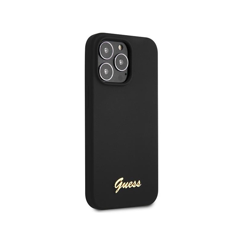 Guess Silicone Script Gold Logo dėklas, skirtas iPhone 13 Pro Max - juodas