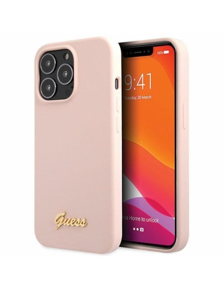 Guess Silicone Script Gold Logo dėklas, skirtas iPhone 13 Pro Max - šviesiai rožinis Guess Silicone Script Gold Logo dėklas, skirtas iPhone 13 Pro Max - šviesiai rožinis