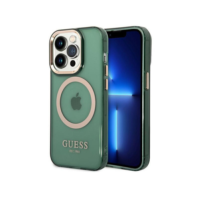 Guess Gold Outline permatomas MagSafe dėklas, skirtas iPhone 14 Pro – žalias Guess Gold Outline permatomas MagSafe dėklas, skirtas iPhone 14 Pro – žalias