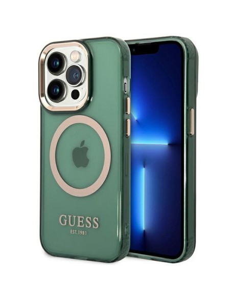 Guess Gold Outline permatomas MagSafe dėklas, skirtas iPhone 14 Pro – žalias Guess Gold Outline permatomas MagSafe dėklas, skirtas iPhone 14 Pro – žalias