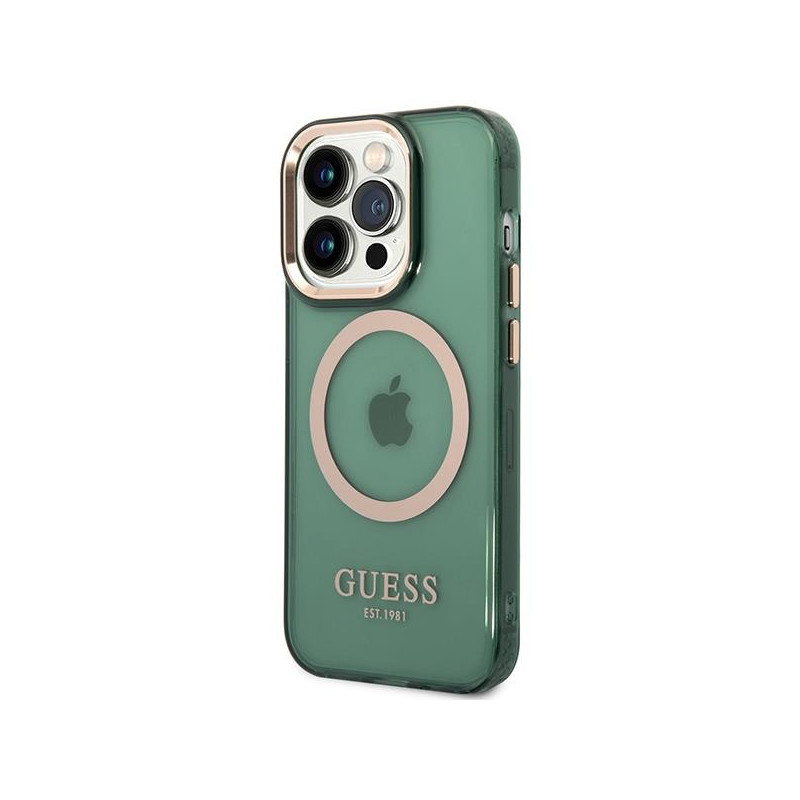 Guess Gold Outline permatomas MagSafe dėklas, skirtas iPhone 14 Pro – žalias