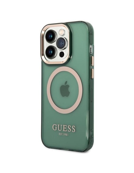 Guess Gold Outline permatomas MagSafe dėklas, skirtas iPhone 14 Pro – žalias Guess Gold Outline permatomas MagSafe dėklas, skirtas iPhone 14 Pro – žalias