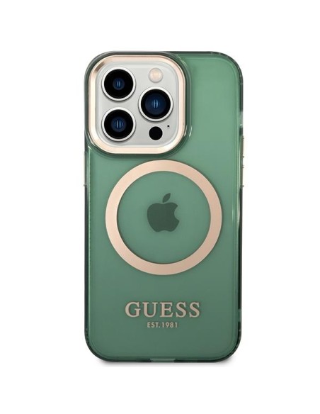 Guess Gold Outline permatomas MagSafe dėklas, skirtas iPhone 14 Pro – žalias Guess Gold Outline permatomas MagSafe dėklas, skirtas iPhone 14 Pro – žalias