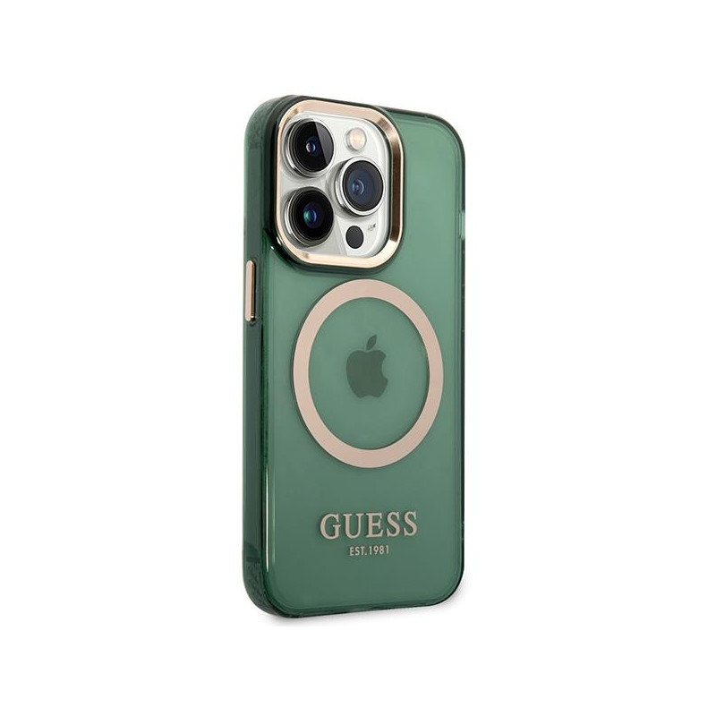 Guess Gold Outline permatomas MagSafe dėklas, skirtas iPhone 14 Pro – žalias