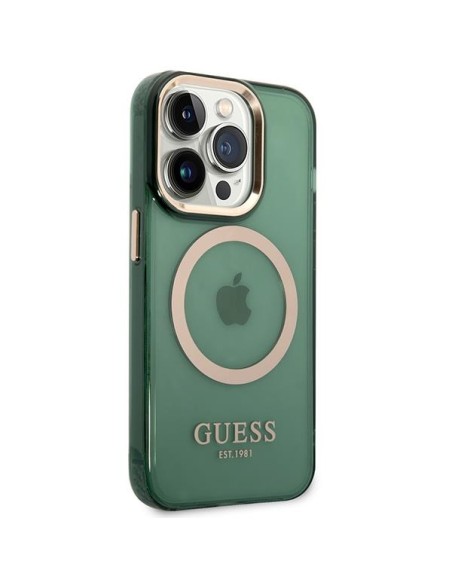Guess Gold Outline permatomas MagSafe dėklas, skirtas iPhone 14 Pro – žalias Guess Gold Outline permatomas MagSafe dėklas, skirtas iPhone 14 Pro – žalias