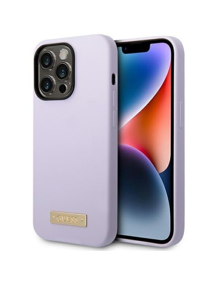 Guess Silicone Logo Plate MagSafe dėklas, skirtas iPhone 14 Pro - violetinė Guess Silicone Logo Plate MagSafe dėklas, skirtas iPhone 14 Pro - violetinė