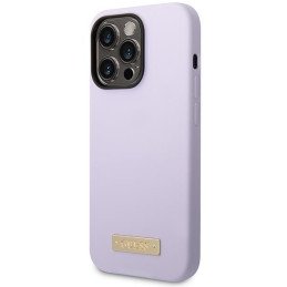 Guess Silicone Logo Plate MagSafe dėklas, skirtas iPhone 14 Pro - violetinė