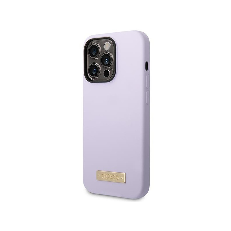 Guess Silicone Logo Plate MagSafe dėklas, skirtas iPhone 14 Pro - violetinė