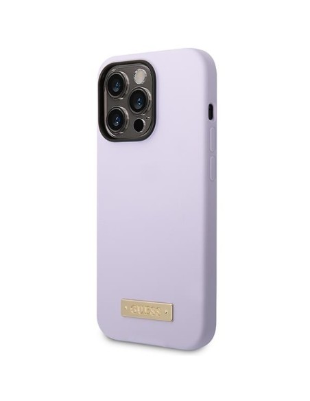 Guess Silicone Logo Plate MagSafe dėklas, skirtas iPhone 14 Pro - violetinė Guess Silicone Logo Plate MagSafe dėklas, skirtas iPhone 14 Pro - violetinė