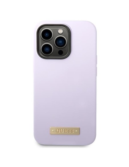Guess Silicone Logo Plate MagSafe dėklas, skirtas iPhone 14 Pro - violetinė Guess Silicone Logo Plate MagSafe dėklas, skirtas iPhone 14 Pro - violetinė