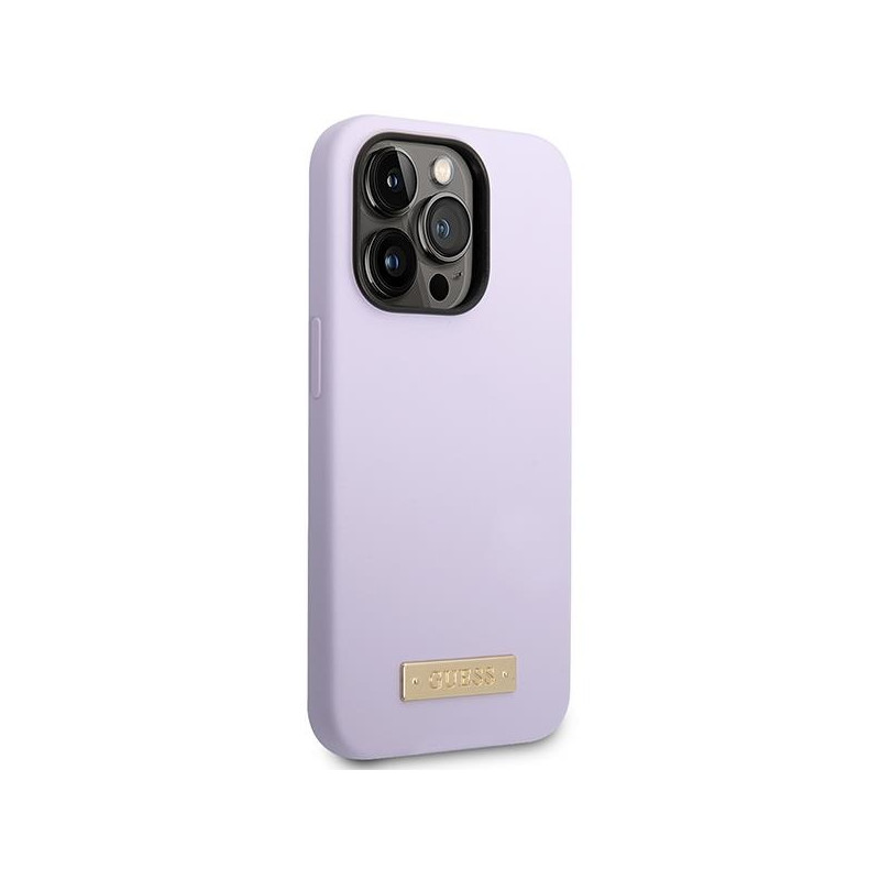 Guess Silicone Logo Plate MagSafe dėklas, skirtas iPhone 14 Pro - violetinė