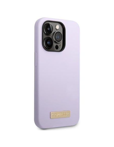 Guess Silicone Logo Plate MagSafe dėklas, skirtas iPhone 14 Pro - violetinė Guess Silicone Logo Plate MagSafe dėklas, skirtas iPhone 14 Pro - violetinė