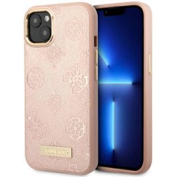 Guess Peony Logo Plate MagSafe dėklas iPhone 14 - rožinis
