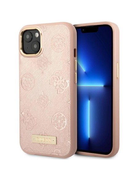Guess Peony Logo Plate MagSafe dėklas iPhone 14 - rožinis Guess Peony Logo Plate MagSafe dėklas iPhone 14 - rožinis