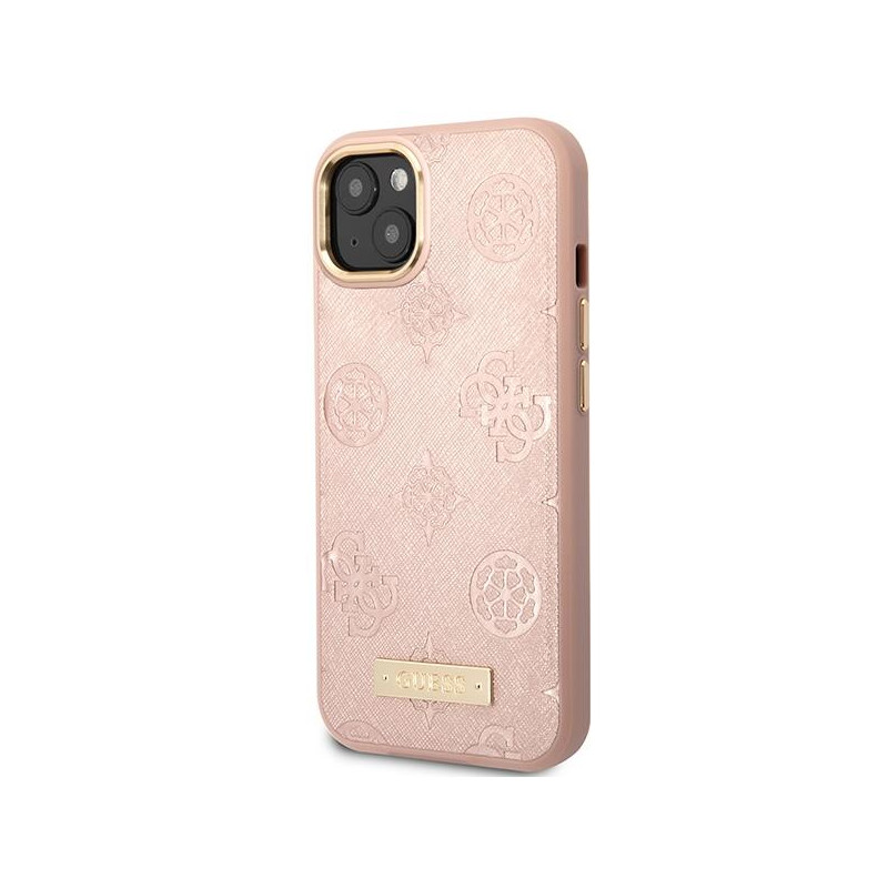Guess Peony Logo Plate MagSafe dėklas iPhone 14 - rožinis