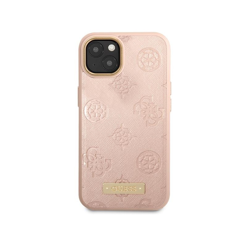 Guess Peony Logo Plate MagSafe dėklas iPhone 14 - rožinis