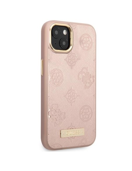 Guess Peony Logo Plate MagSafe dėklas iPhone 14 - rožinis Guess Peony Logo Plate MagSafe dėklas iPhone 14 - rožinis