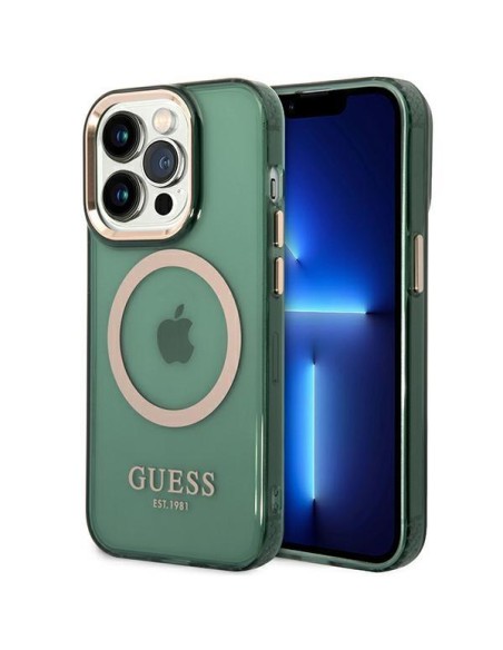 Guess Gold Outline permatomas MagSafe dėklas, skirtas iPhone 14 Pro Max – žalias Guess Gold Outline permatomas MagSafe dėklas, skirtas iPhone 14 Pro Max – žalias