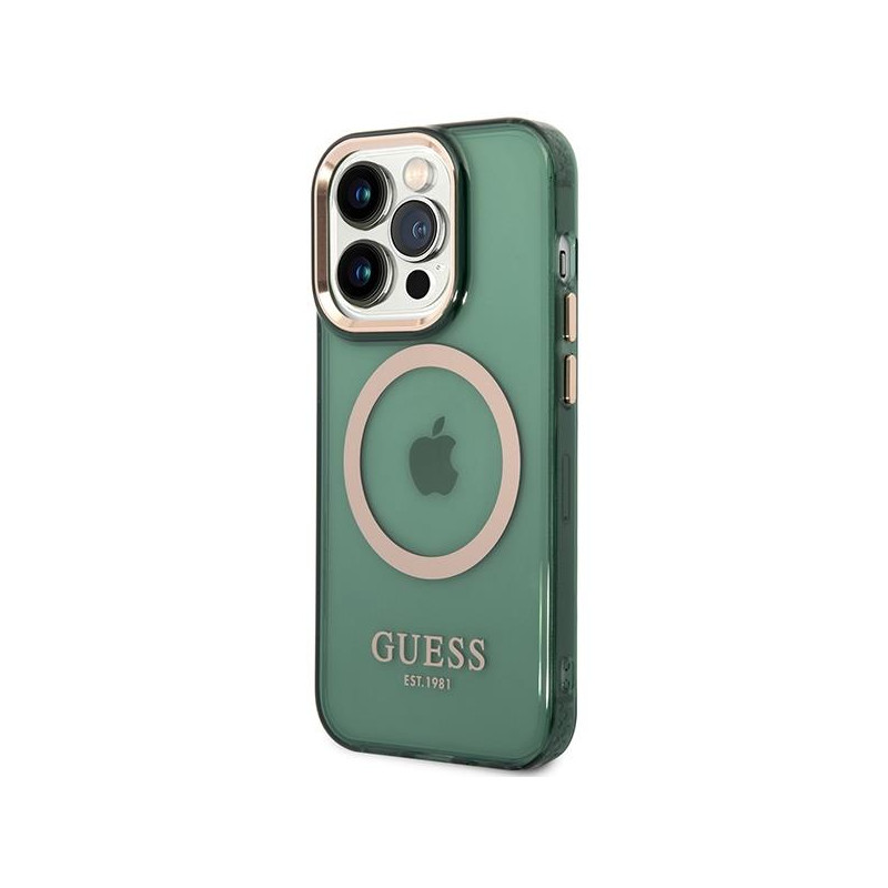 Guess Gold Outline permatomas MagSafe dėklas, skirtas iPhone 14 Pro Max – žalias