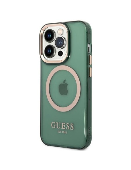 Guess Gold Outline permatomas MagSafe dėklas, skirtas iPhone 14 Pro Max – žalias Guess Gold Outline permatomas MagSafe dėklas, skirtas iPhone 14 Pro Max – žalias