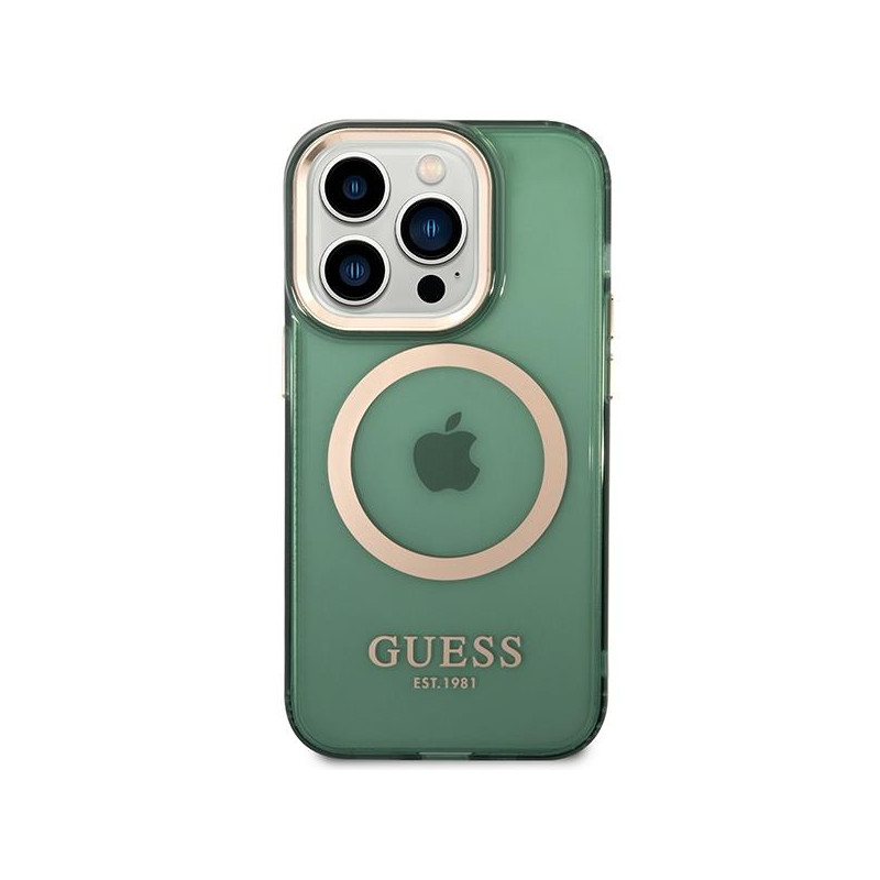 Guess Gold Outline permatomas MagSafe dėklas, skirtas iPhone 14 Pro Max – žalias