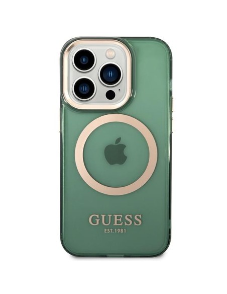 Guess Gold Outline permatomas MagSafe dėklas, skirtas iPhone 14 Pro Max – žalias Guess Gold Outline permatomas MagSafe dėklas, skirtas iPhone 14 Pro Max – žalias