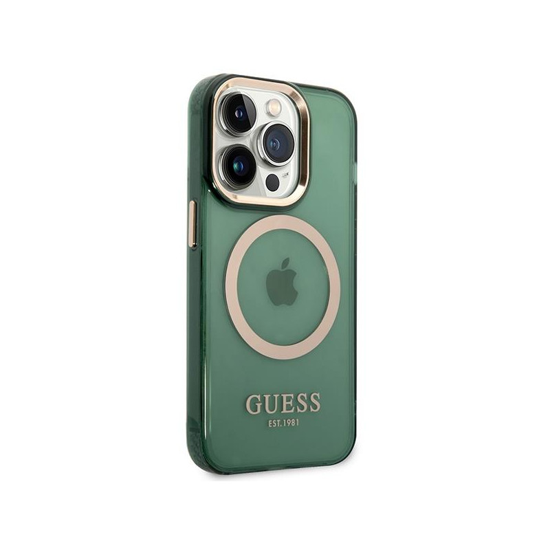 Guess Gold Outline permatomas MagSafe dėklas, skirtas iPhone 14 Pro Max – žalias
