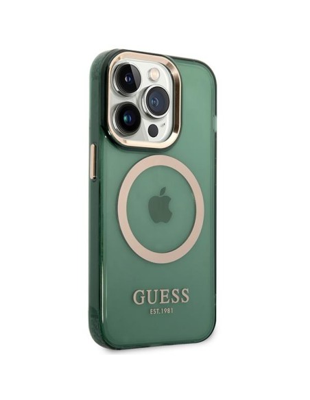 Guess Gold Outline permatomas MagSafe dėklas, skirtas iPhone 14 Pro Max – žalias Guess Gold Outline permatomas MagSafe dėklas, skirtas iPhone 14 Pro Max – žalias