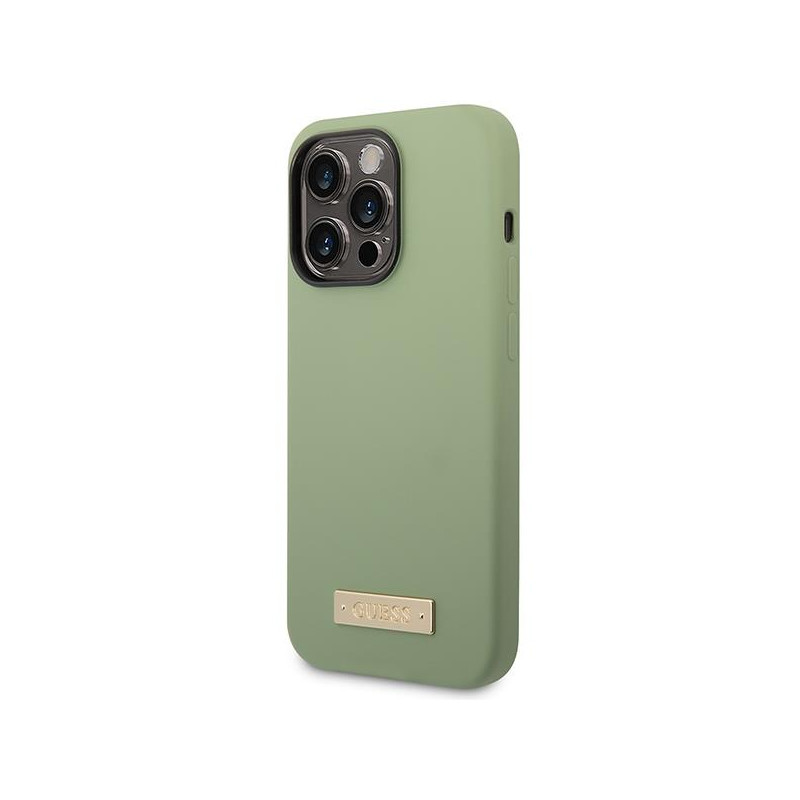 Guess Silicone Logo Plate MagSafe dėklas iPhone 14 Pro Max - žalias