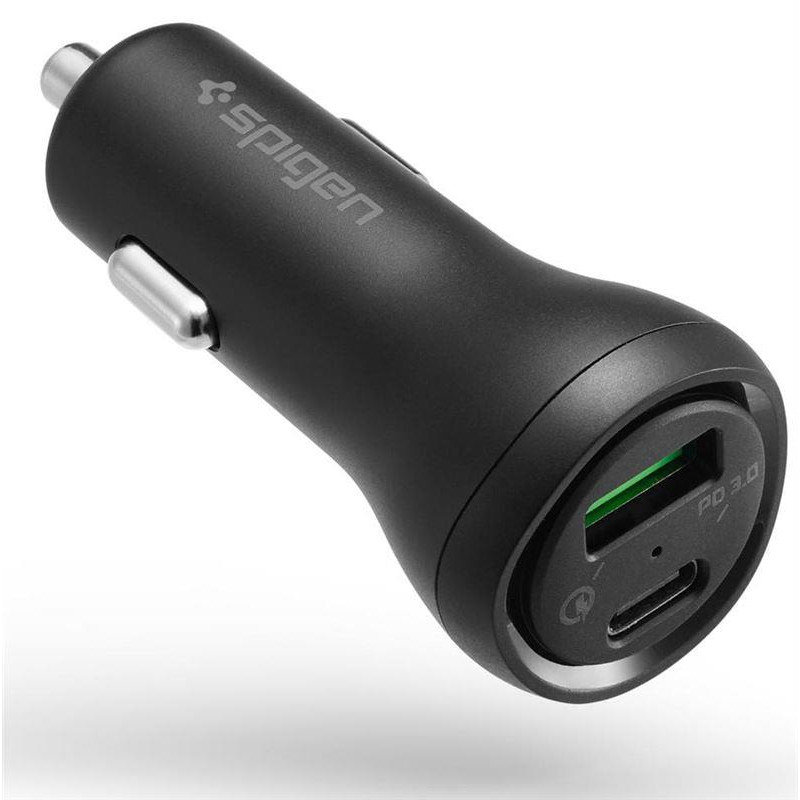 Spigen SteadiBoost F31QC USB-A USB-C PD 27W / QC 3.0 automobilinis įkroviklis – juodas Spigen SteadiBoost F31QC USB-A USB-C PD 27W / QC 3.0 automobilinis įkroviklis – juodas