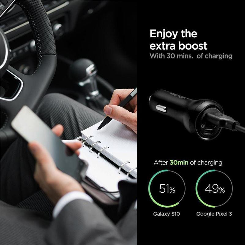 Spigen SteadiBoost F31QC USB-A USB-C PD 27W / QC 3.0 automobilinis įkroviklis – juodas