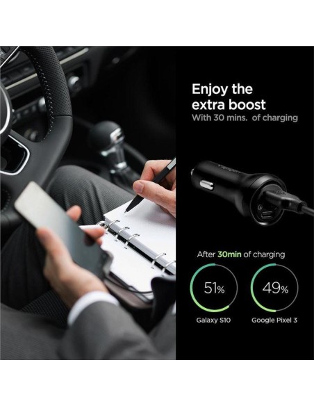 Spigen SteadiBoost F31QC USB-A USB-C PD 27W / QC 3.0 automobilinis įkroviklis – juodas