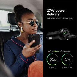 Spigen SteadiBoost F31QC USB-A USB-C PD 27W / QC 3.0 automobilinis įkroviklis – juodas