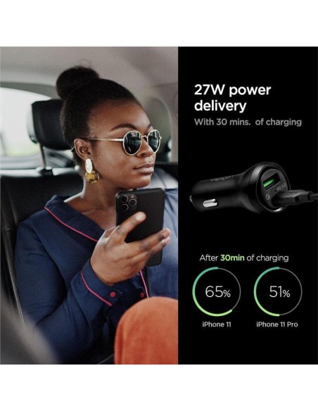Spigen SteadiBoost F31QC USB-A USB-C PD 27W / QC 3.0 automobilinis įkroviklis – juodas