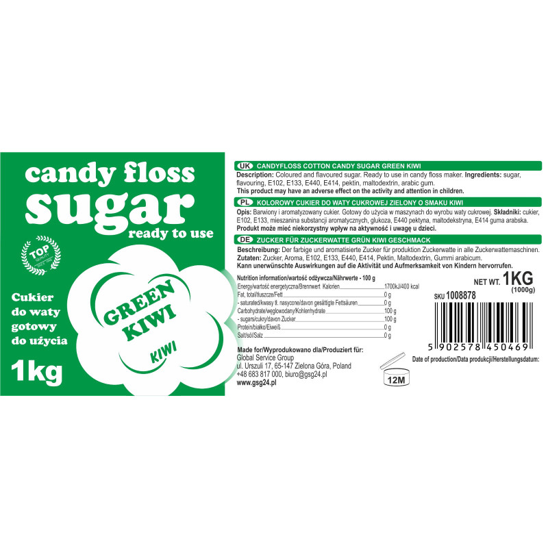 Spalvotas cukrus cukraus vatai žalių kivių skoniui 1kg
