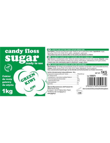 Spalvotas cukrus cukraus vatai žalių kivių skoniui 1kg Spalvotas cukrus cukraus vatai žalių kivių skoniui 1kg