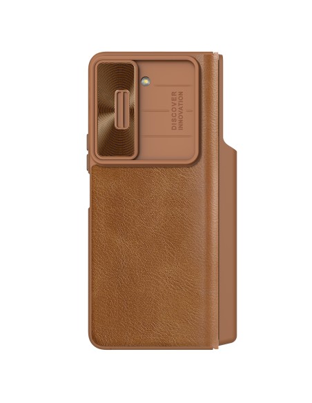 Odinis dėklas su apverstu ir fotoaparato apsauga, skirta Samsung Galaxy Z Fold 5 Nillkin Qin Leather Pro – ruda Odinis dėklas su apverstu ir fotoaparato apsauga, skirta Samsung Galaxy Z Fold 5 Nillkin Qin Leather Pro – ruda