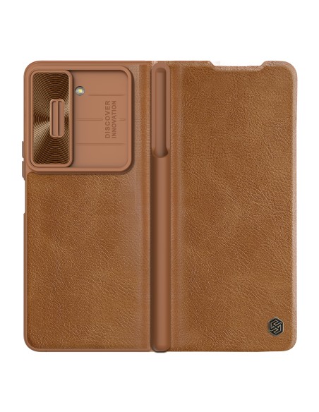 Odinis dėklas su apverstu ir fotoaparato apsauga, skirta Samsung Galaxy Z Fold 5 Nillkin Qin Leather Pro – ruda Odinis dėklas su apverstu ir fotoaparato apsauga, skirta Samsung Galaxy Z Fold 5 Nillkin Qin Leather Pro – ruda