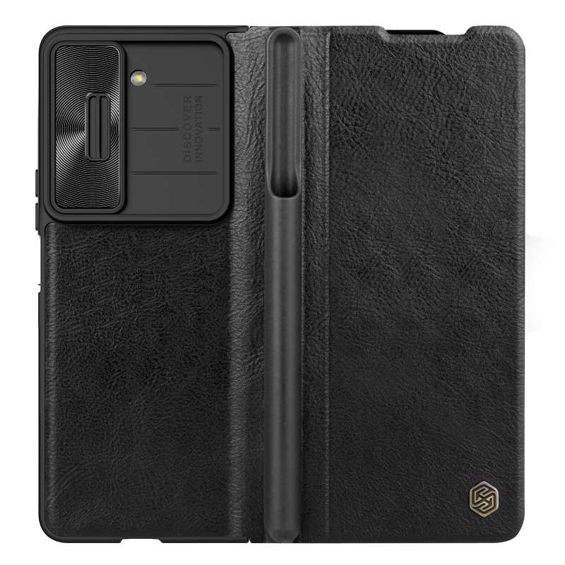 Nillkin Qin Leather Pro odinis dėklas su fotoaparato apsauga, skirtas Samsung Galaxy Z Fold 5 – juodas