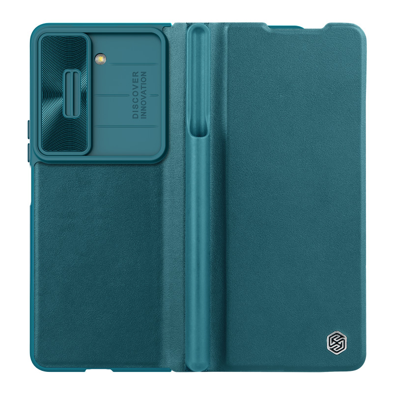Odinis dėklas su apverstu ir fotoaparato apsauga, skirta Samsung Galaxy Z Fold 5 Nillkin Qin Leather Pro – žalia