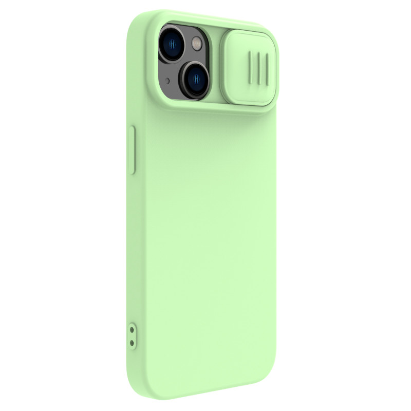 Nillkin CamShield Silky silikoninis dėklas, skirtas iPhone 15 su fotoaparato dangteliu - mėtų