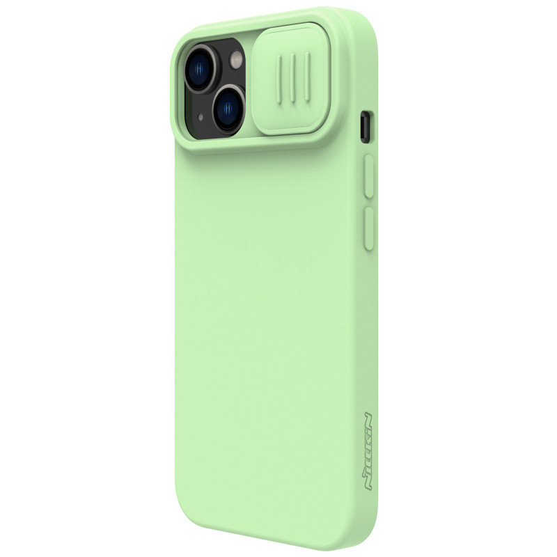 Nillkin CamShield Silky silikoninis dėklas, skirtas iPhone 15 su fotoaparato dangteliu - mėtų