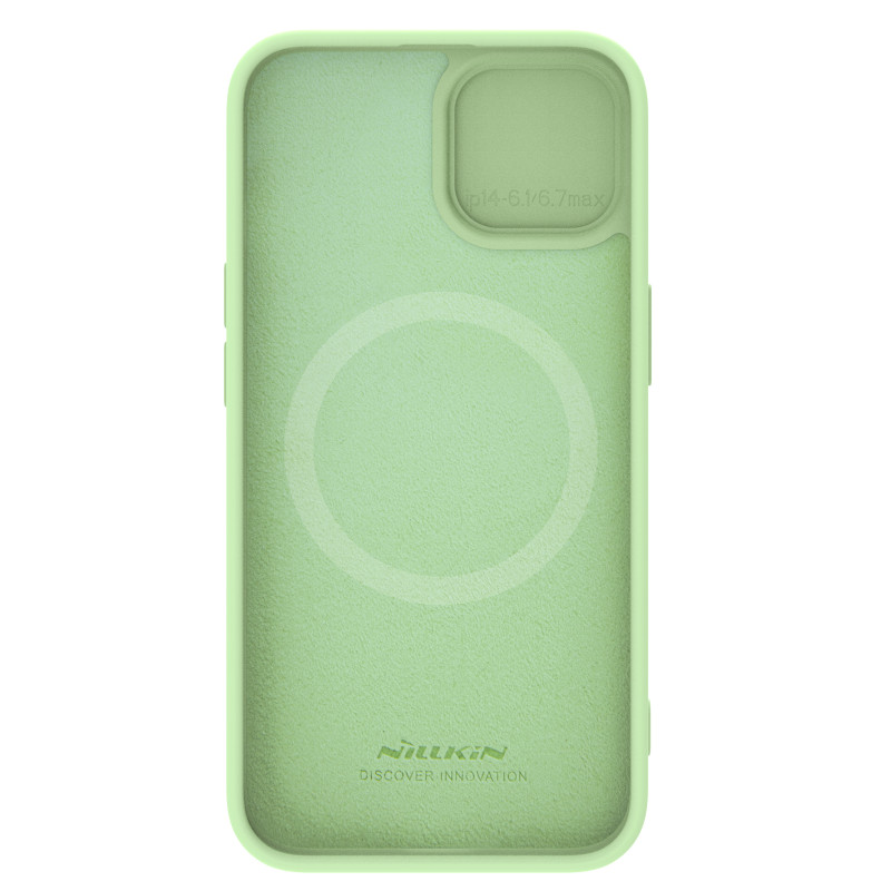 Nillkin CamShield Silky silikoninis dėklas, skirtas iPhone 15 su fotoaparato dangteliu - mėtų